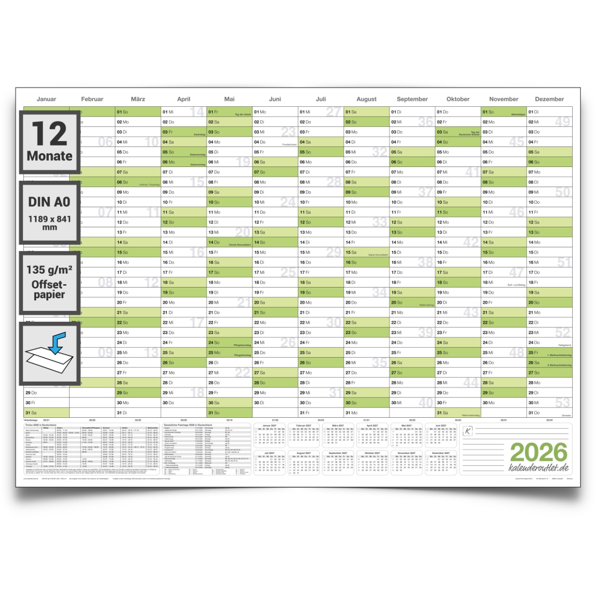 XL Wandkalender 2026 Jahresplaner Format: 118,8 x 84,0cm- DIN A0 - GEFALTET – Wandplaner, Jahreskalender, Kalender, Poster Plakat - deutsch