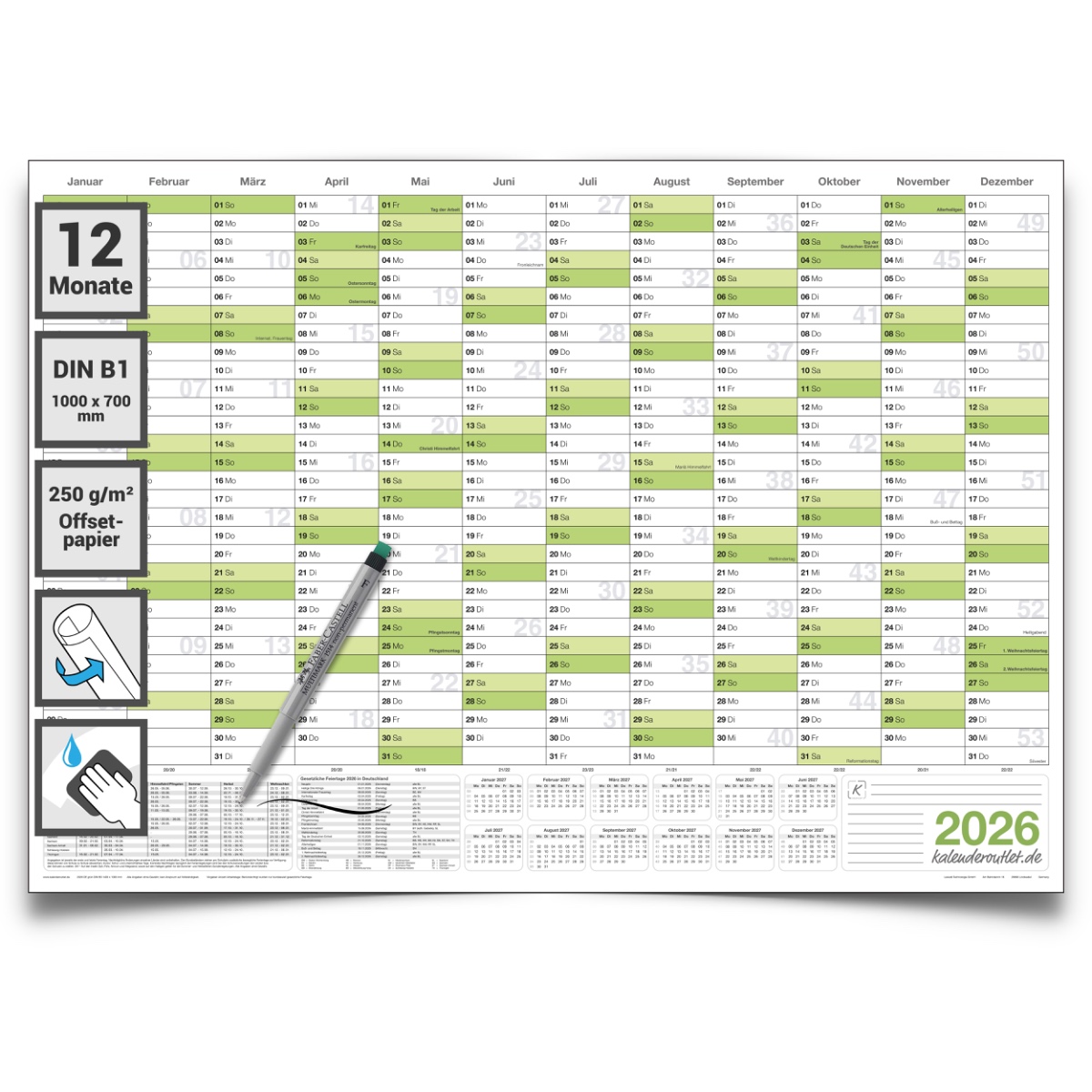 Abwischbarer Wandkalender 2026 Jahresplaner grün Format: 100x70cm – DIN B1 inkl. 1 Marker - GEROLLT – Wandplaner, Jahreskalender, Kalender, groß korrigierbar Poster Plakat - deutsche Sprache -