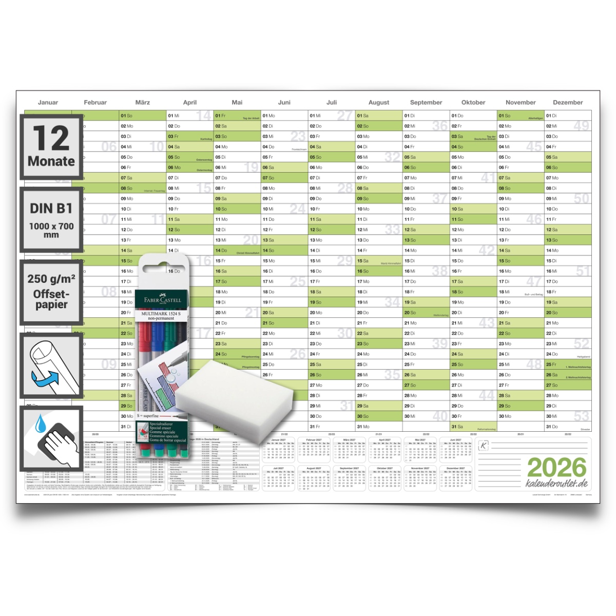 Abwischbarer Wandkalender 2026 Jahresplaner grün Format: 100x70cm – DIN B1 inkl. 4 Marker - Schwamm GEROLLT – Wandplaner, Jahreskalender, Kalender, groß korrigierbar Poster Plakat - deutsche Sprache -