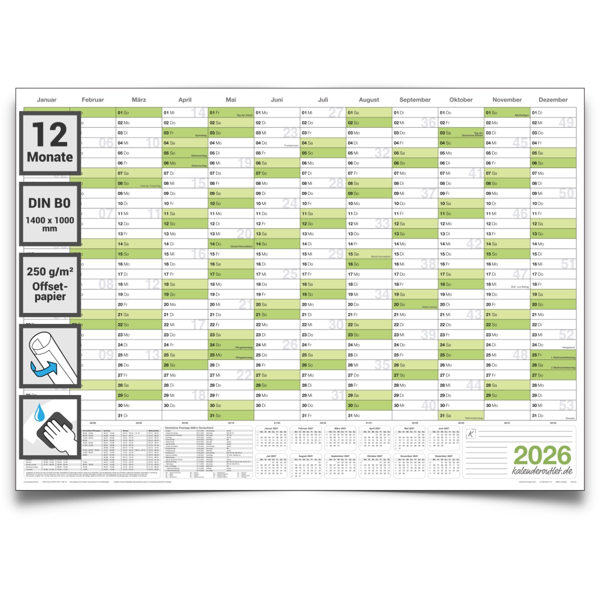 Abwischbarer Wandkalender XXL 2026 grün Jahresplaner Format: 140 x 100 cm DIN B0 - GEROLLT – korrigierbar Wandplaner, Jahreskalender, Kalender, Poster Plakat - deutsch