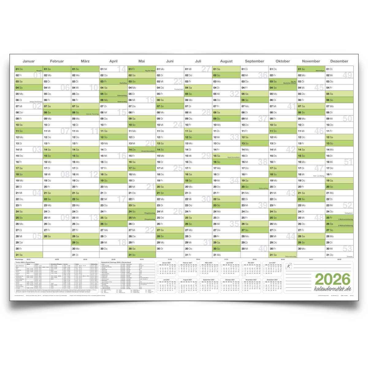 Abwischbarer XXL Wandkalender 2026 grün Jahresplaner Format: 140x100cm – DIN B0 inkl. 4 Marker- GEROLLT – Wandplaner, Jahreskalender, Kalender, Poster Plakat - deutsch