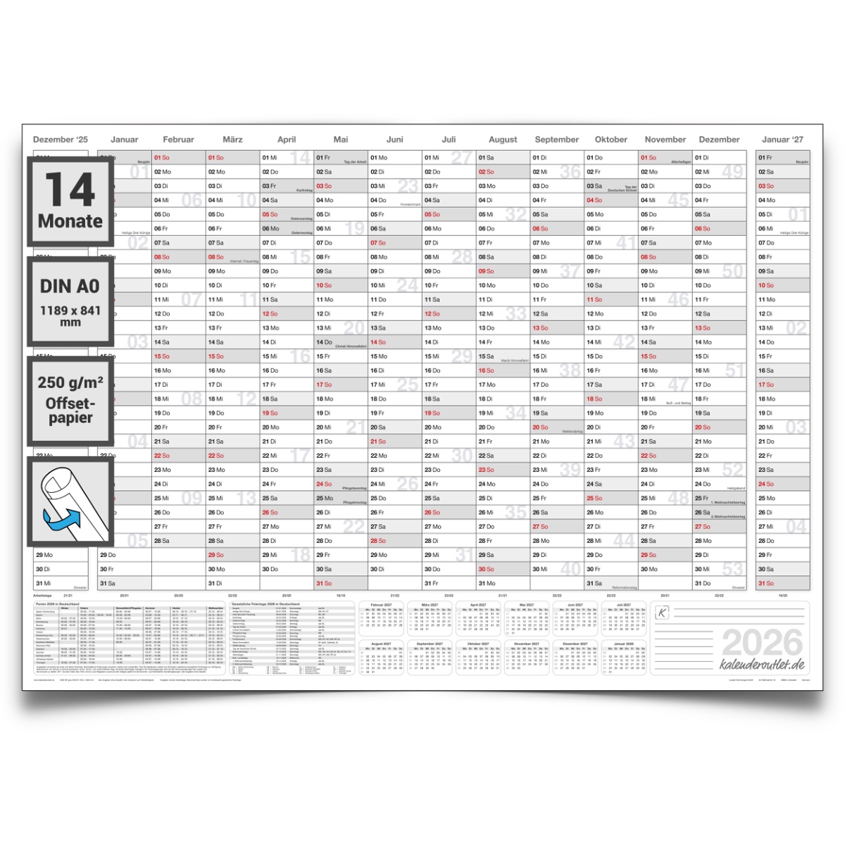 XL Wandkalender 2026 mit 14 Monaten Übersicht Jahresplaner grau Format: 118,8x84,0cm DIN A0 GEROLLT – Wandplaner, Jahreskalender, Poster Plakat - deutsch