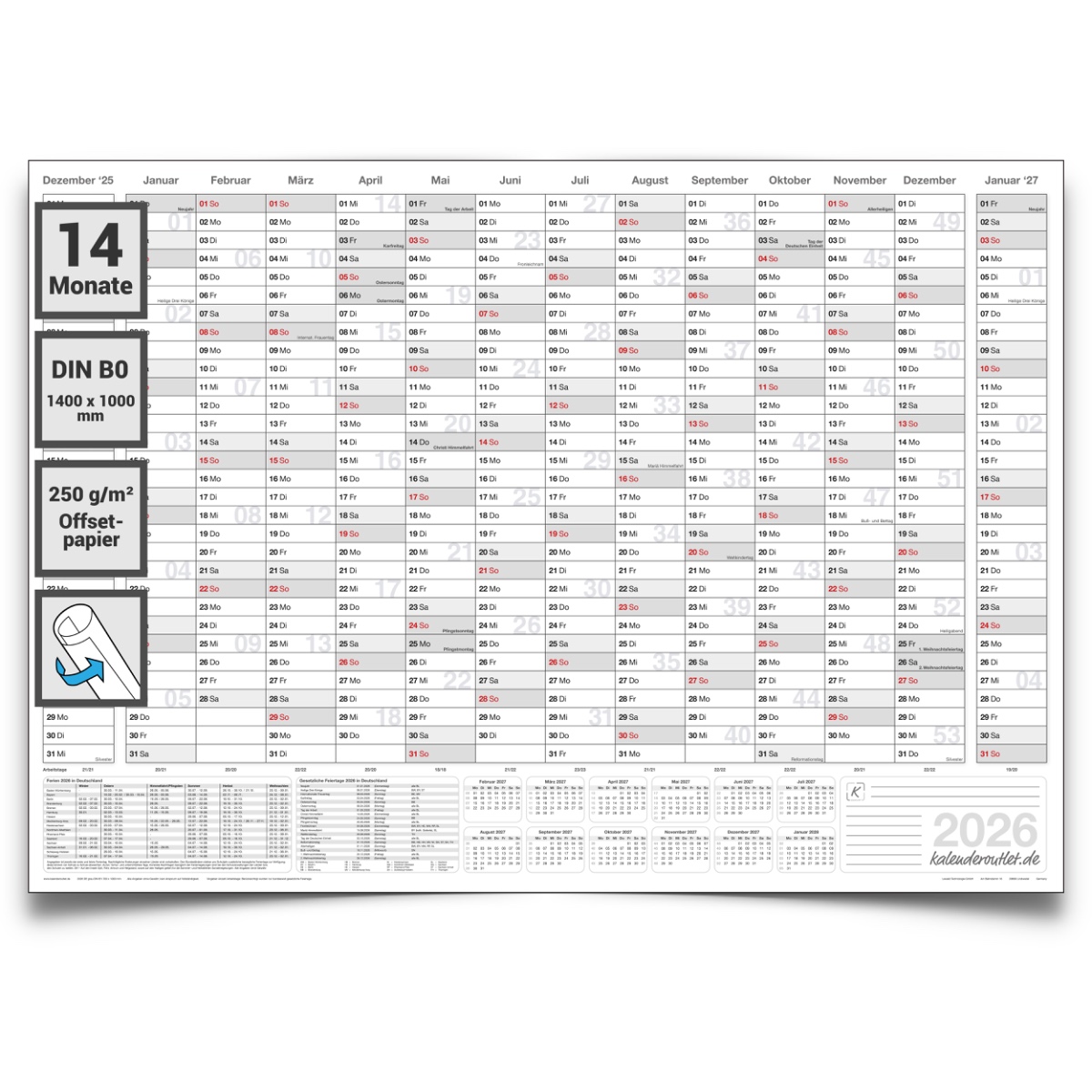 XXL Wandkalender 2026 mit 14 Monaten Übersicht Jahresplaner grau Format: 140x100cm DIN B0 GEROLLT – Wandplaner, Jahreskalender, Poster Plakat - deutsch