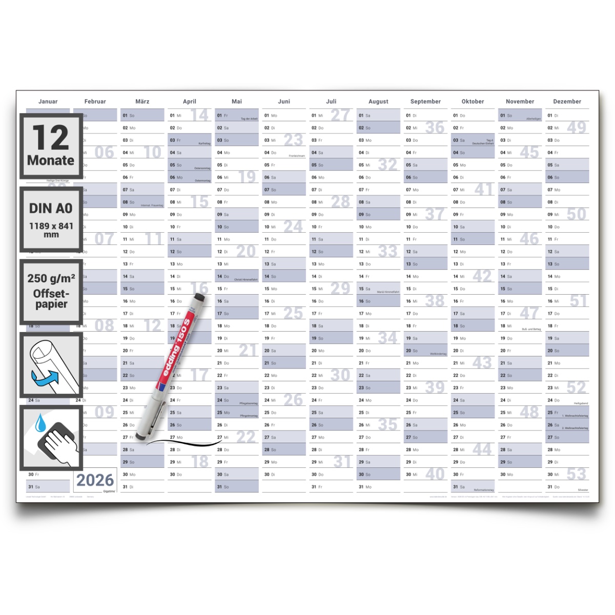 Gigatime Abwischbarer XXL Jahresplaner Wandkalender 2026. Wandplaner gerollt 118,8x84cm gross DIN A0 inklusive 1 Marker. Jahreskalender 2026, Kalender - deutsche Sprache - von Gigatime