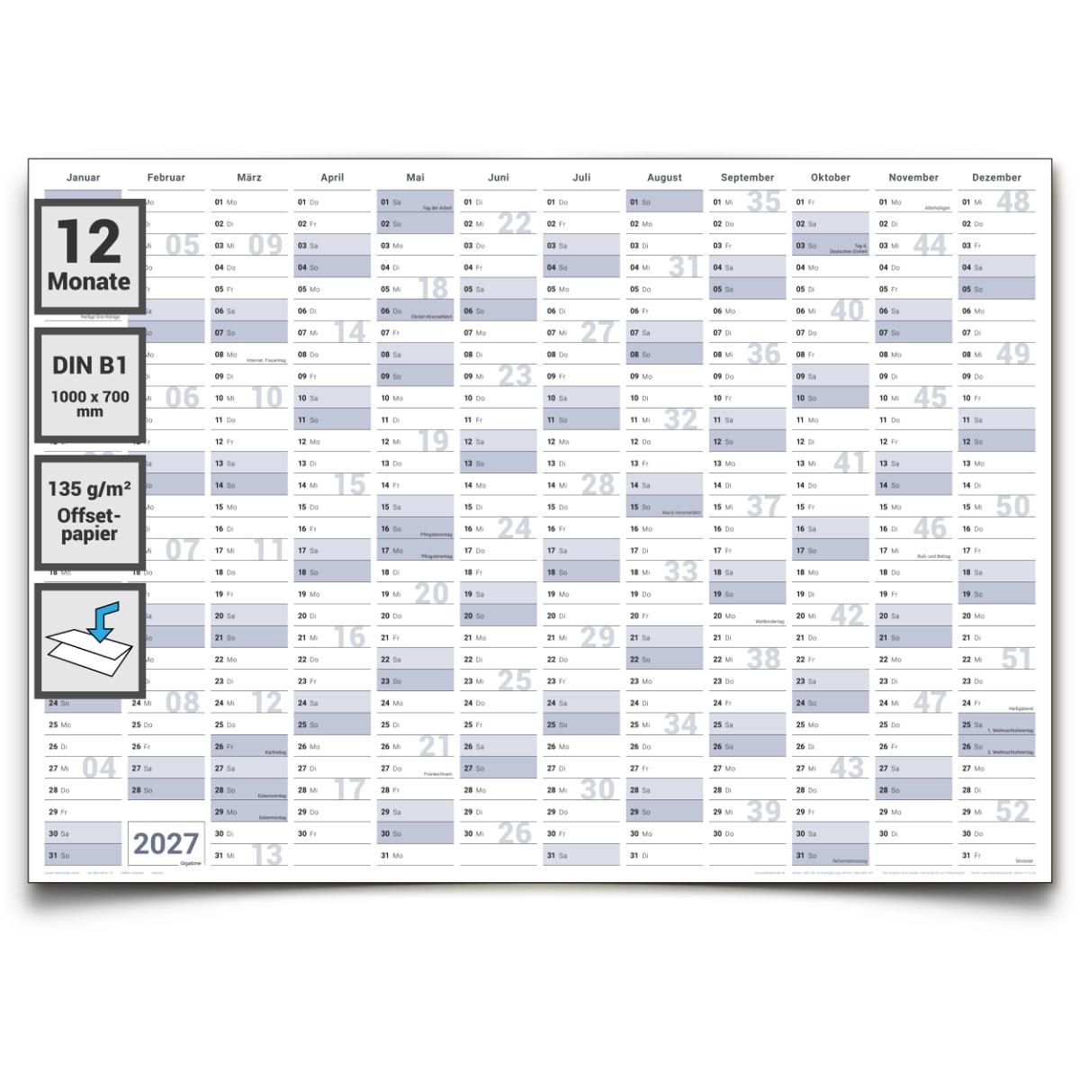  Jahresplaner Wandkalender 2027. Wandplaner gefaltet 100,0 x 70,0 cm gross DIN B1 Jahreskalender 2027, Kalender - deutsche Sprache - premium Qualität von Gigatime
