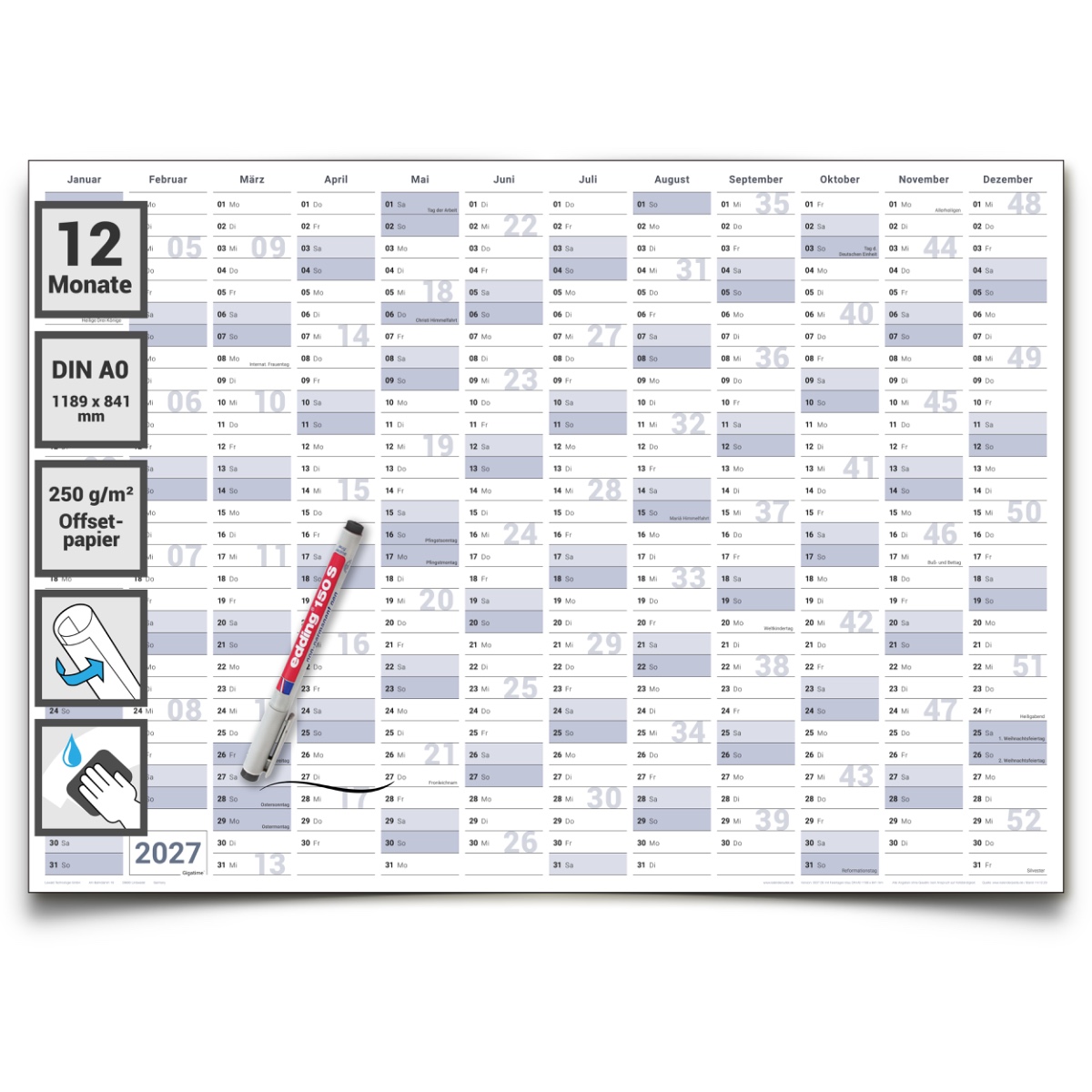 Gigatime Abwischbarer XXL Jahresplaner Wandkalender 2027. Wandplaner gerollt 118,8x84cm gross DIN A0 inklusive 1 Marker. Jahreskalender 2027, Kalender - deutsche Sprache - von Gigatime