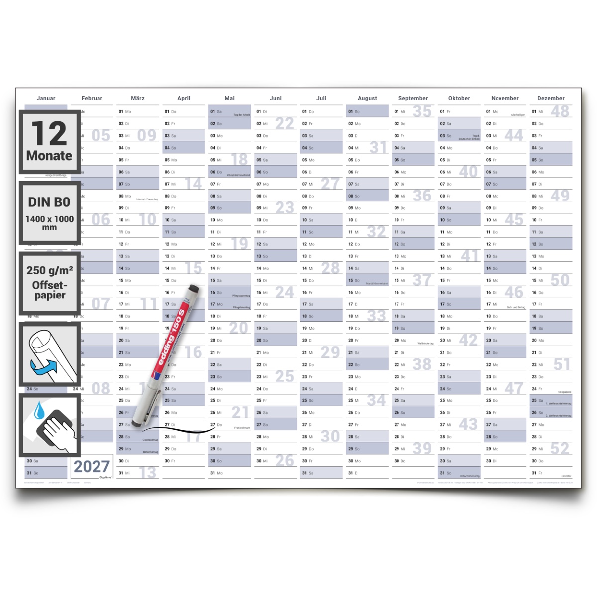 Gigatime Abwischbarer XXL Jahresplaner Wandkalender 2027. Wandplaner gerollt 140x100cm gross DIN B0 inklusive 1 Marker. Jahreskalender 2027, Kalender - deutsche Sprache - von Gigatime