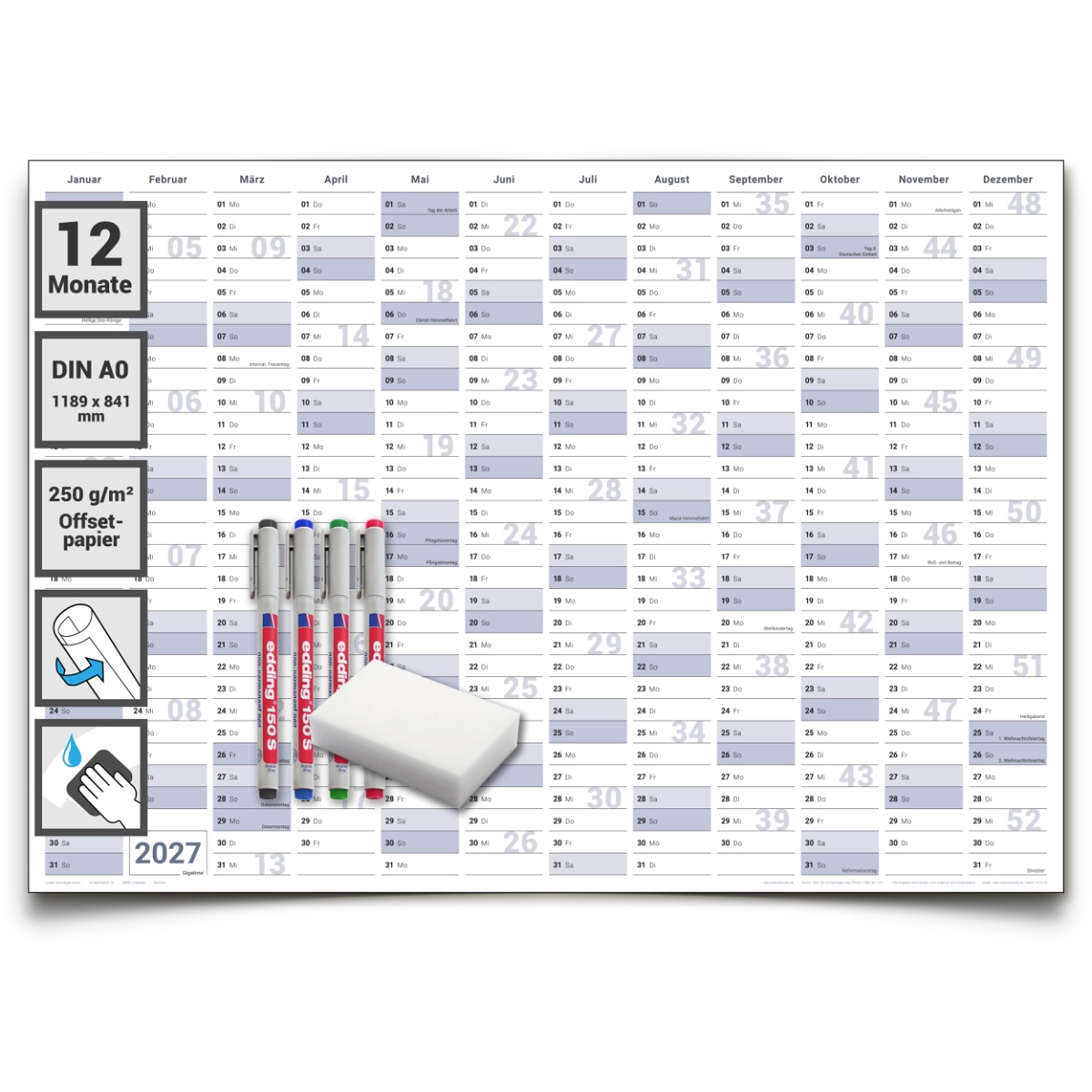 Gigatime Abwischbarer XXL Jahresplaner Wandkalender 2027. Wandplaner gerollt 118x84cm gross DIN A0 inklusive 4er Stifte-Set, Schwamm. Jahreskalender 2027, Kalender - deutsche Sprache - von Gigatime
