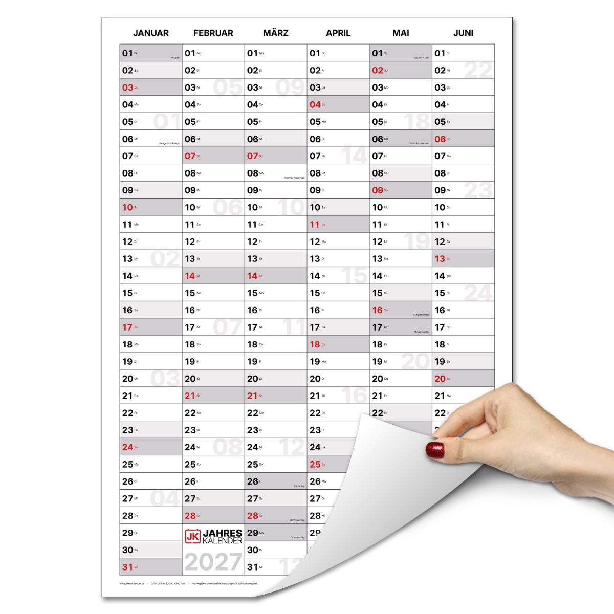 Jahreskalender 2027 DIN B2 50 x 70 hochformat Wandkalender beidseitig bedruckt 14 Monate beschreibbar mit allen Stiften Familienplaner Büroplaner Terminplaner für Tür Kühlschrank Küche und Homeoffice