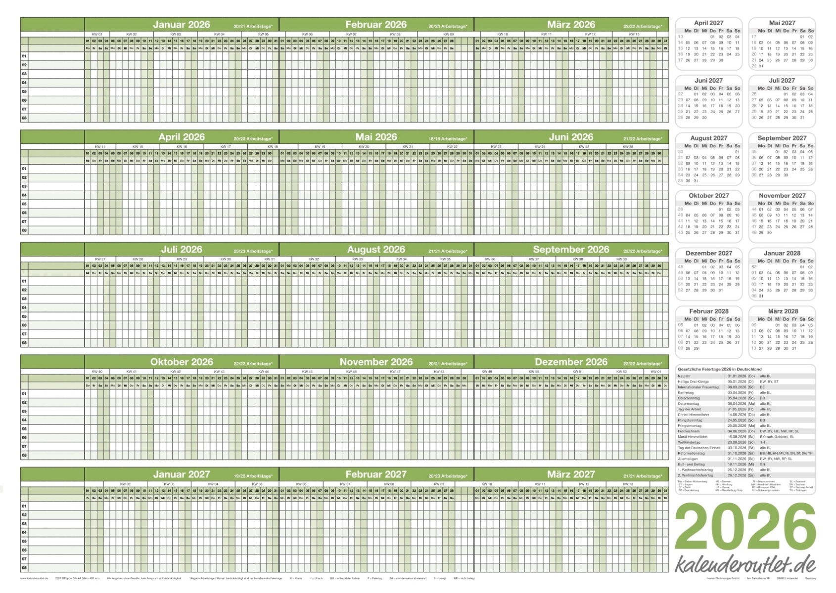 DIN A2 Personalplaner 2026 – Urlaubsplaner, Jahresplaner, Wandkalender für bis zu 8 Mitarbeiter – laminiert, feucht abwischbar – inkl. 4 non-permanent Marker – gerollt geliefert – Kalenderoutlet