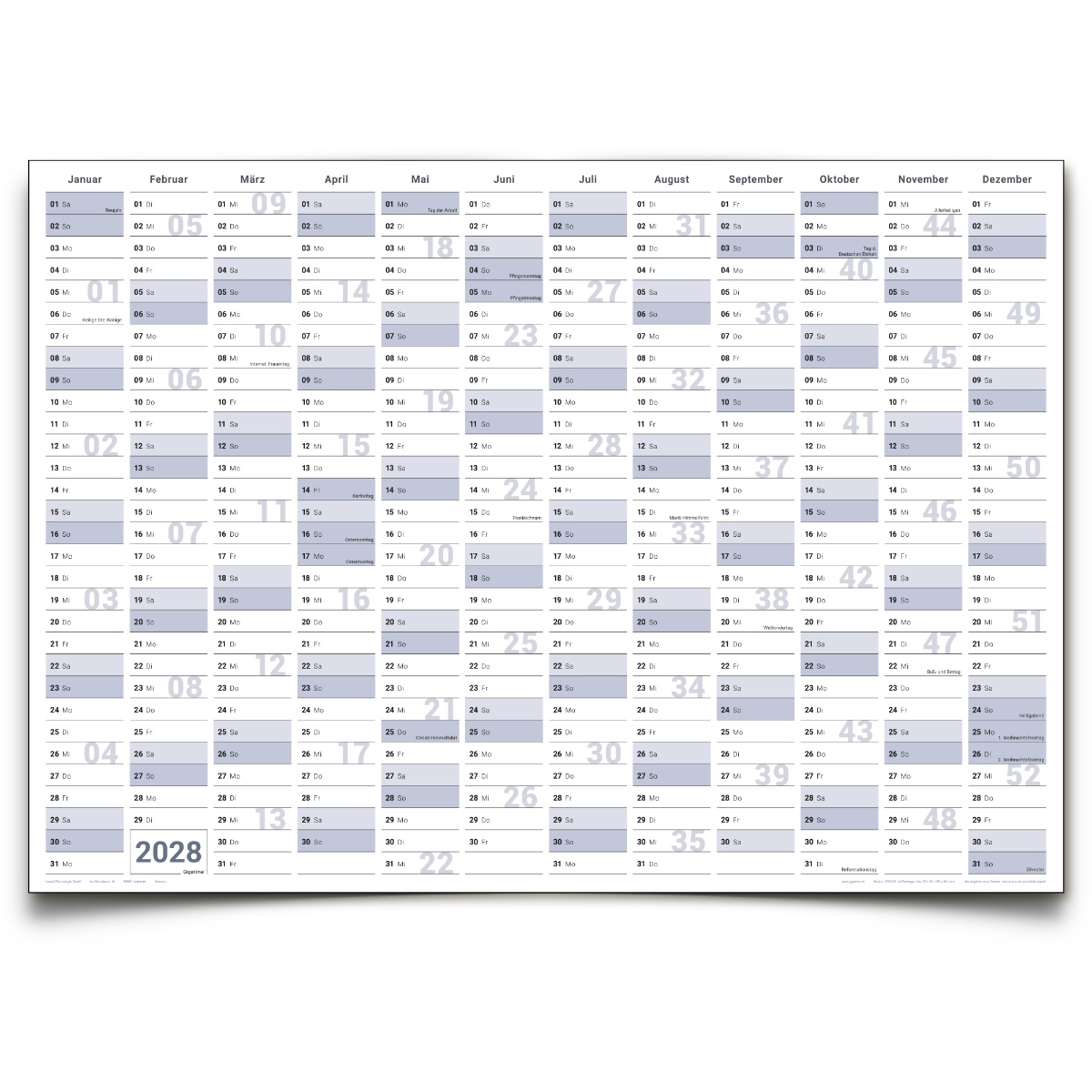 Gigatime XXXL Wandkalender Jahresplaner 2028 abwischbar, 140x100cm, DIN B0 deutsch, perfekt für Büro und Zuhause extra groß und übersichtlich mit 4 Marker und Schwamm