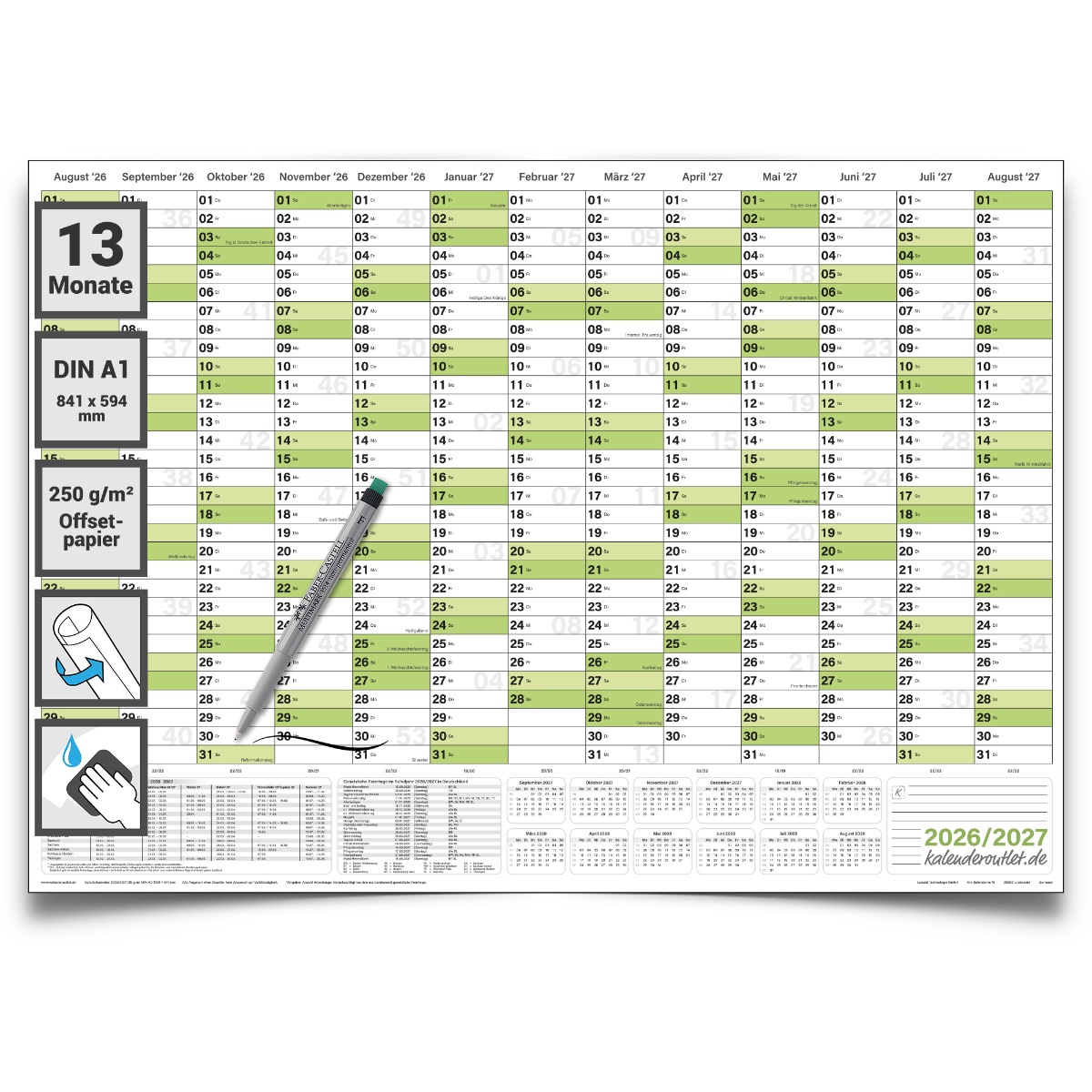 Schulwandkalender 2026 2027 DIN A1 – Jahresplaner Schule quer XXL, gerollt – Schuljahreskalender für Lehrer, Schüler & Klassenzimmer – grosser Schulkalender & Schulplaner für das Schuljahr