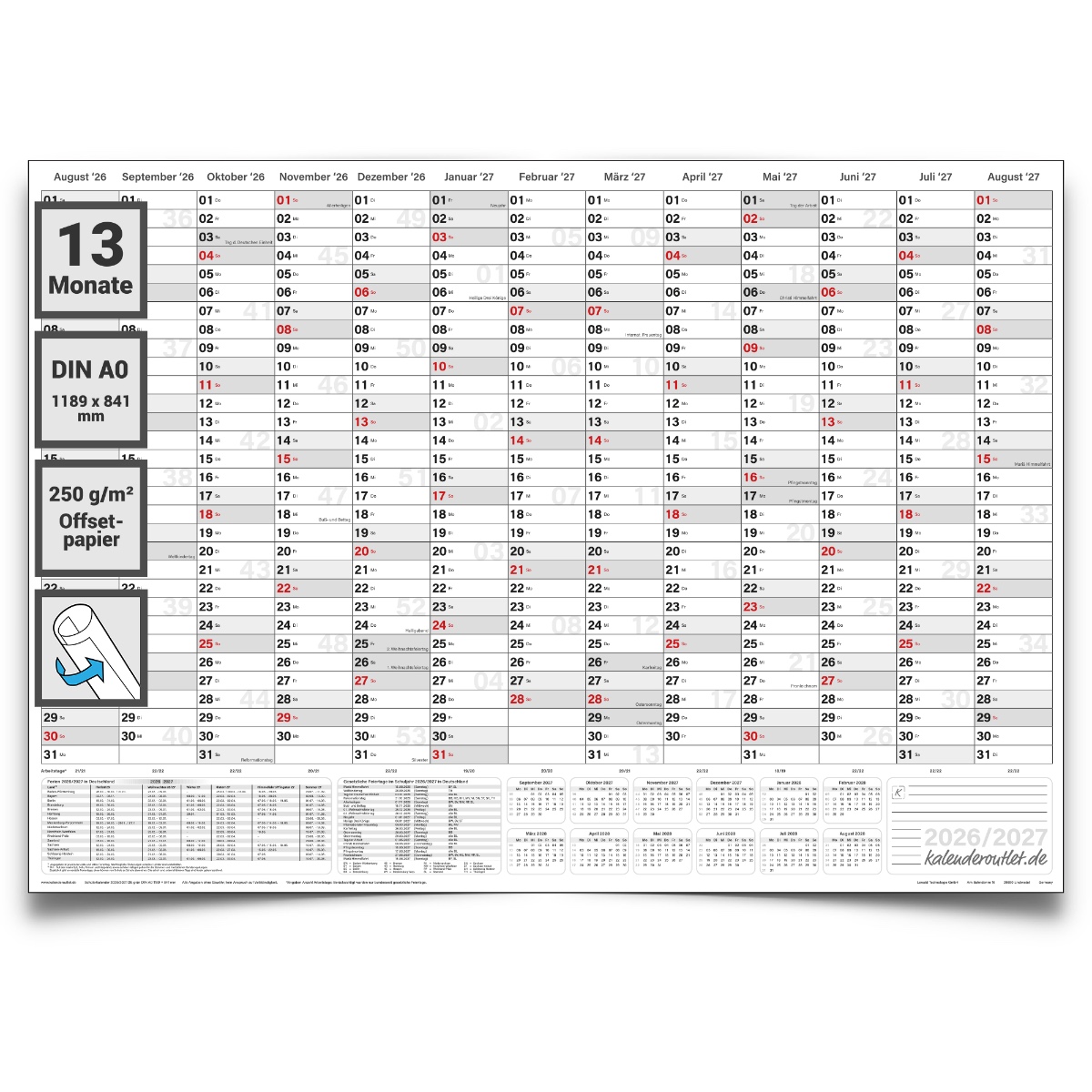 Großer Schulwandkalender 2026/27 DIN A0 Wandkalender Querformat gerollt - Schuljahreskalender für Lehrer, Schüler & Klassenzimmer Schulplaner XXL Kalender für Schule & Schuljahr von Kalenderoutlet