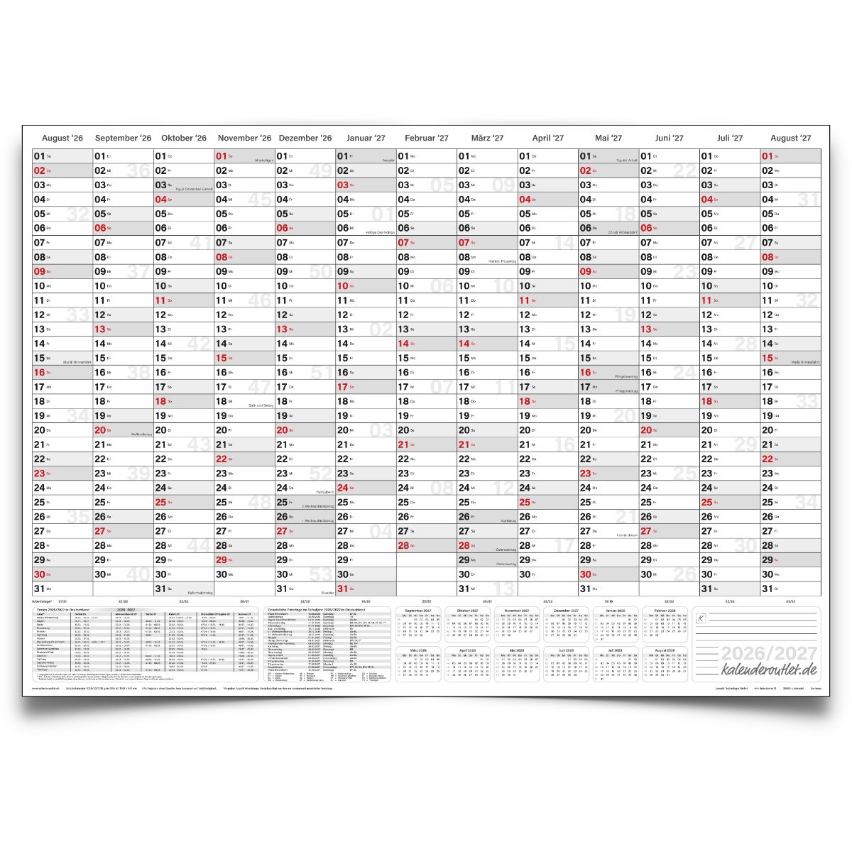 Großer Schulwandkalender 2026/27 DIN A0 Wandkalender Querformat gerollt - Schuljahreskalender für Lehrer, Schüler &amp; Klassenzimmer Schulplaner XXL Kalender für Schule &amp; Schuljahr von Kalenderoutlet