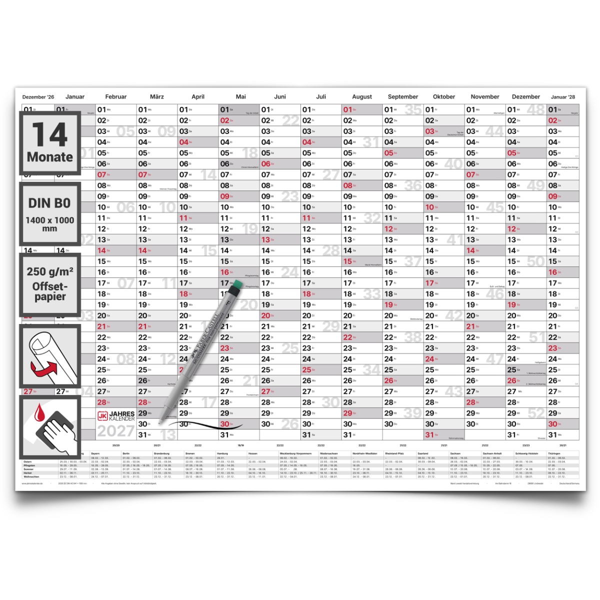 Abwischbarer Jahreskalender 2027 DIN B0, 14 Monate Wandkalender, extra groß, beschreibbar, wiederverwendbar, inklusive Stift, ideal für Büro, Homeoffice, Familie, Termine und Planung