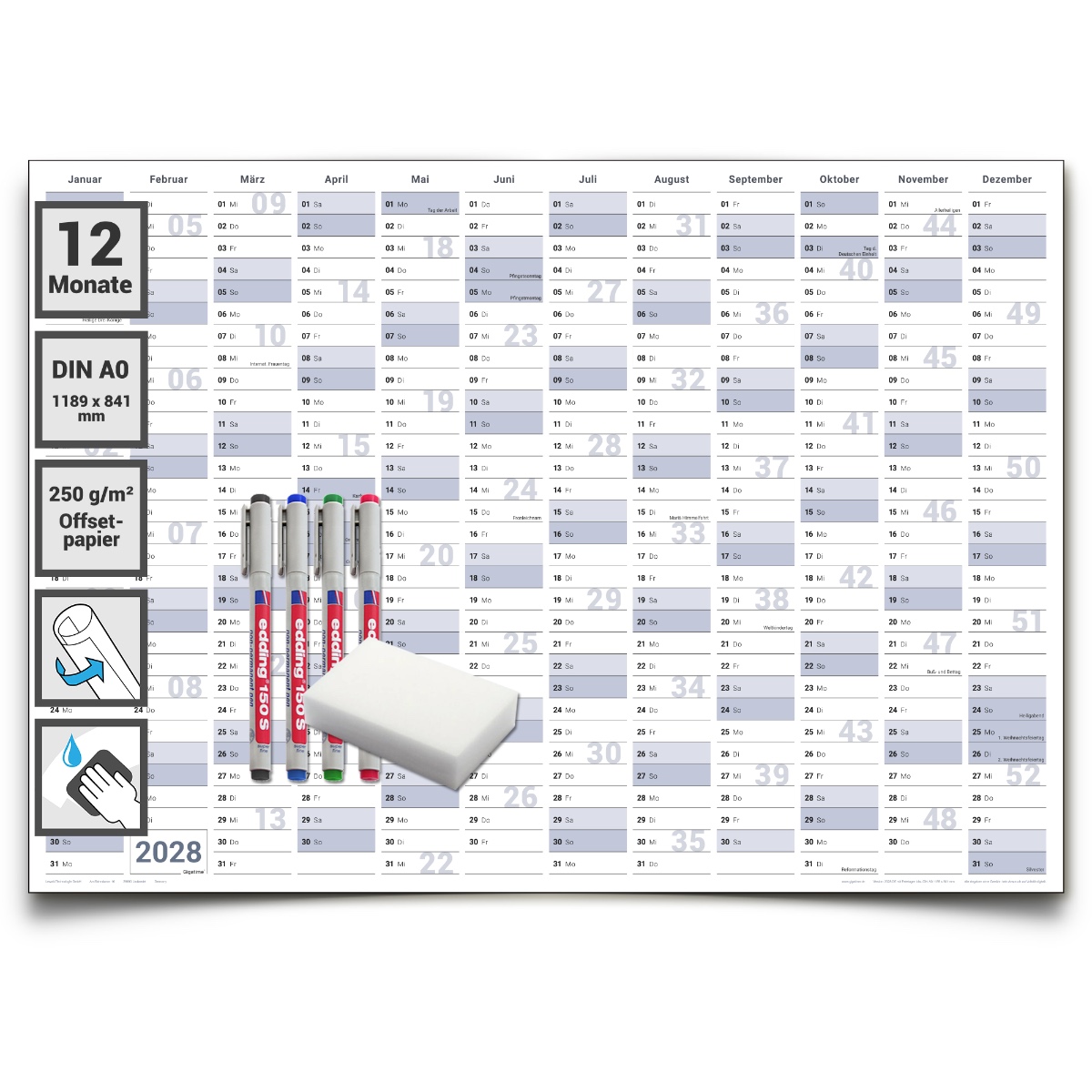 Abwischbarer XL Jahresplaner Wandkalender 2028. Wandplaner gerollt 118,8 x 84,0 cm gross DIN A0 inklusive 4 Marker. Jahreskalender 2028, Kalender - deutsche Sprache - von Gigatime