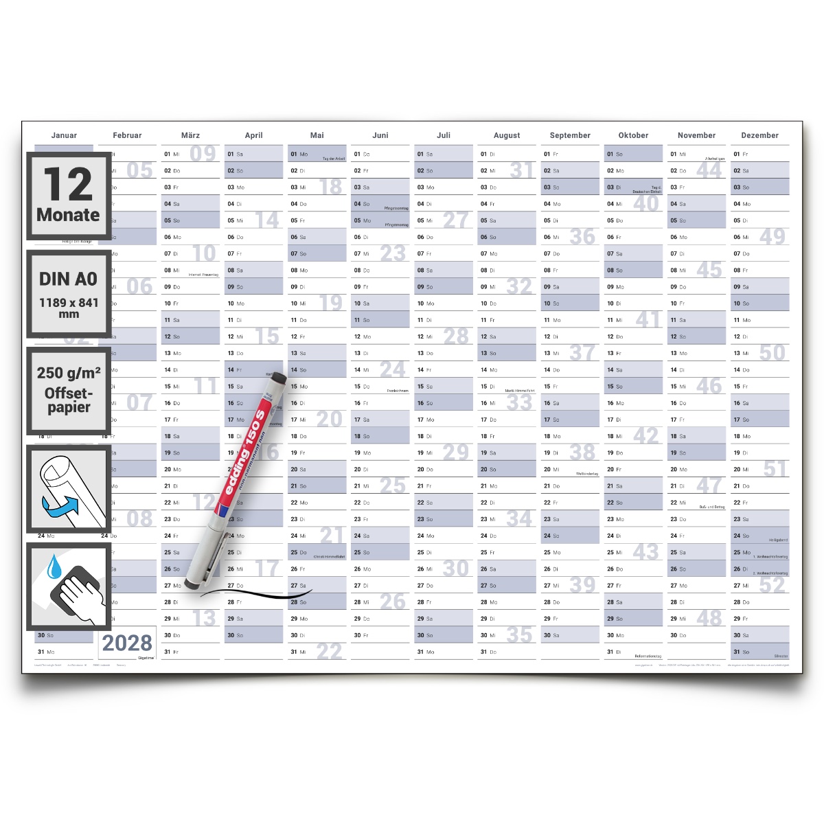 Abwischbarer XL Jahresplaner Wandkalender 2028. Wandplaner gerollt 118,8 x 84,0 cm gross DIN A0 inklusive 1 Marker. Jahreskalender 2028, Kalender - deutsche Sprache - von Gigatime