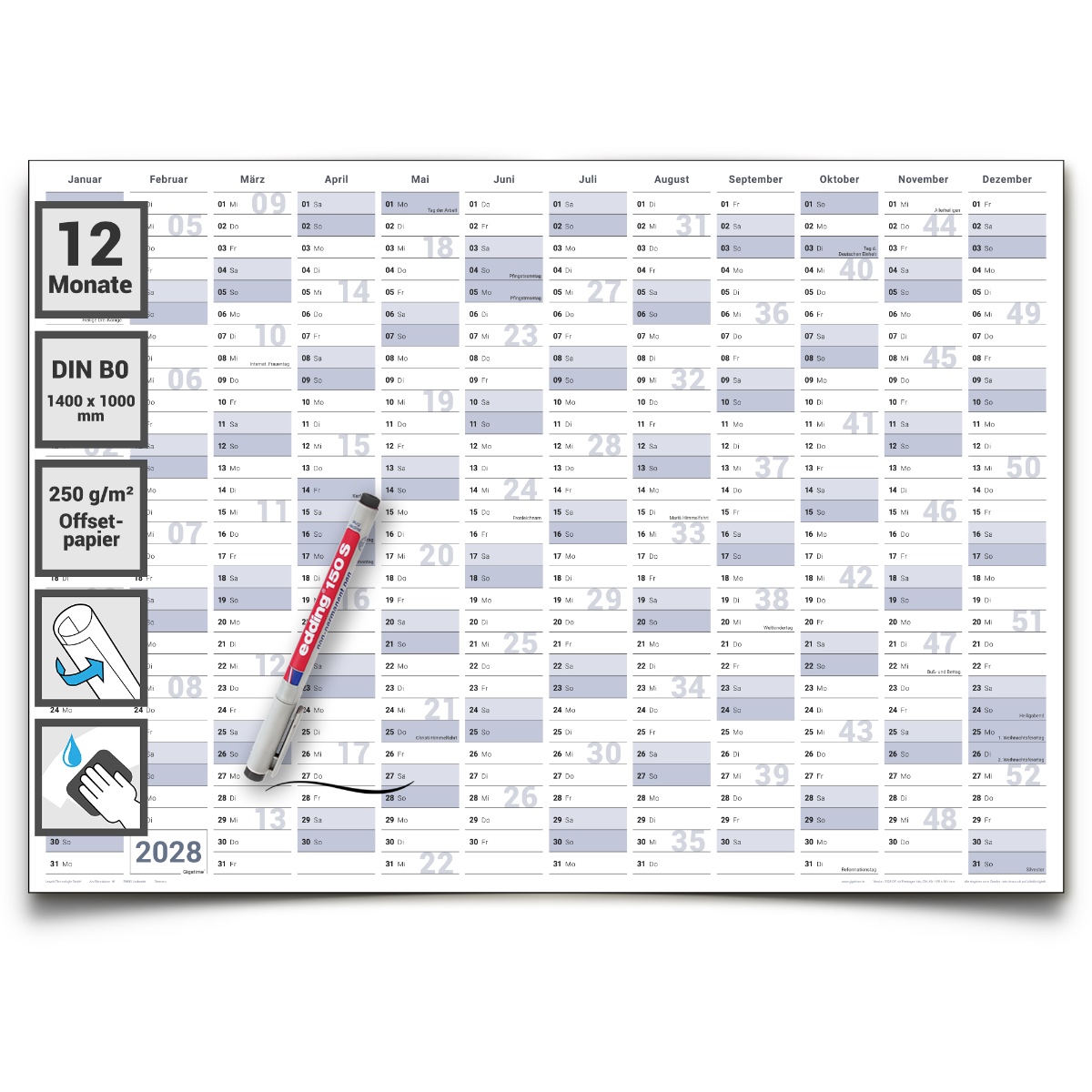 Gigatime Din B0 Abwischbarer XXXL Jahresplaner Wandkalender 2028. Wandplaner gerollt 140x100cm gross inklusive 1 Marker. Jahreskalender 2028, Kalender in deutscher Sprache von Gigatime