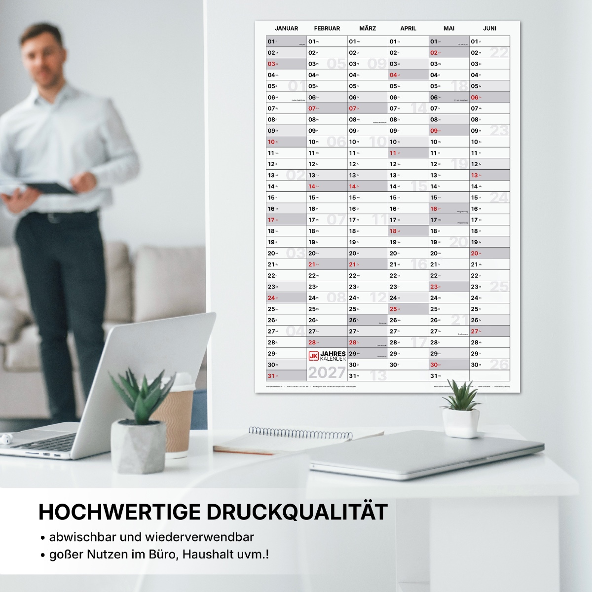 Jahreskalender 2027 DIN B2 50 x 70 hochformat Wandkalender beidseitig bedruckt 14 Monate beschreibbar mit allen Stiften Familienplaner Büroplaner Terminplaner für Tür Kühlschrank Küche und Homeoffice