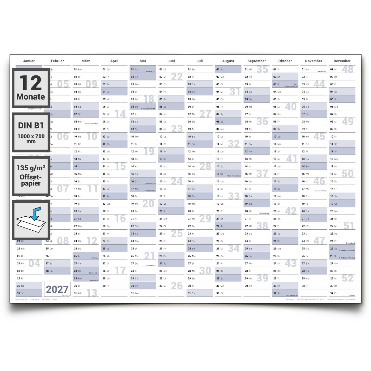 DIN B1 Wandkalender 2027 – XL Jahresplaner 100 x 70 cm, gefalteter Wandplaner, Premium Qualität, Jahreskalender 2027 in deutscher Sprache – von Gigatime