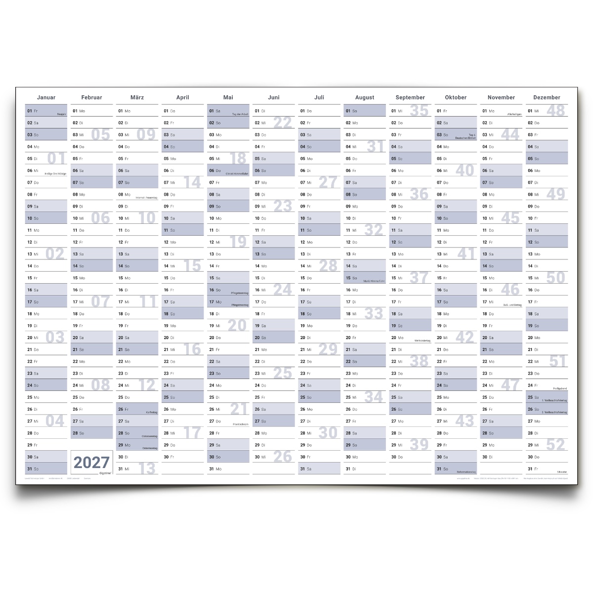 Gigatime Abwischbarer XXL Jahresplaner Wandkalender 2027. Wandplaner gerollt 118,8x84cm gross DIN A0 inklusive 1 Marker. Jahreskalender 2027, Kalender - deutsche Sprache - von Gigatime