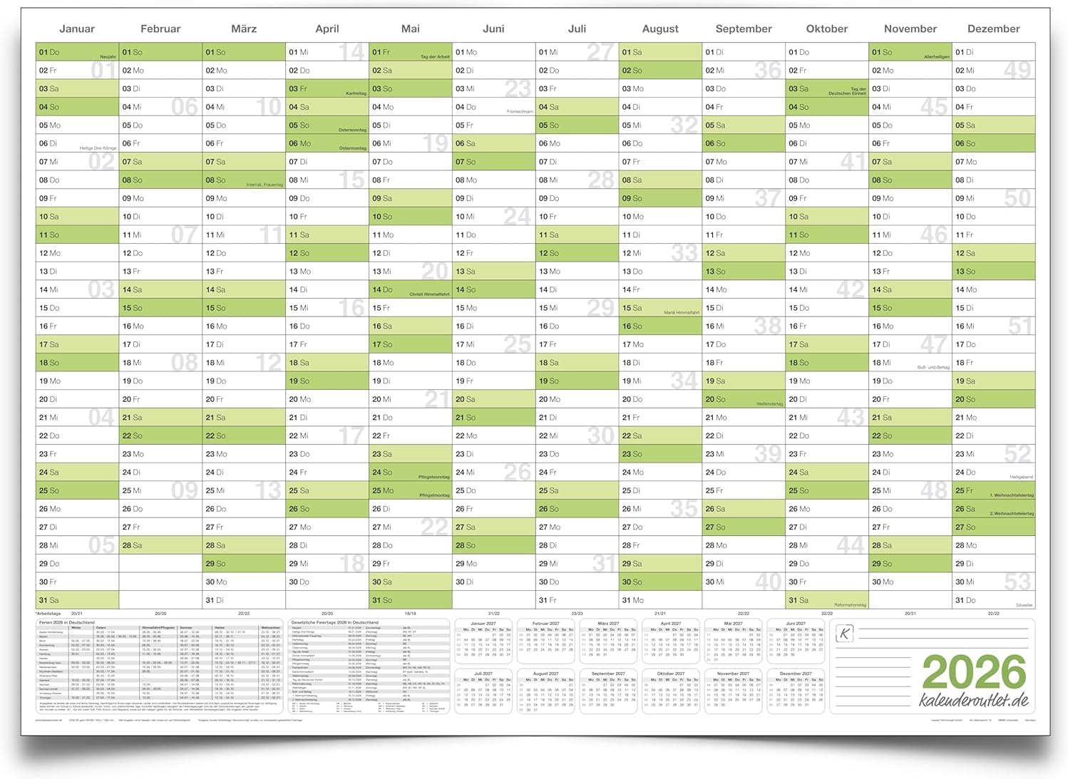 Abwischbarer Wandkalender 2026 Jahresplaner grün Format: 42,0x29,7cm – DIN A3 inkl. 1 Marker - GEROLLT – Wandplaner, Jahreskalender, korrigierbar Poster Plakat - deutsch