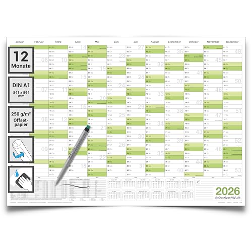 Abwischbarer Wandkalender 2026 Jahresplaner grün Format: 84,0x59,0cm DIN A1 - GEROLLT – Wandplaner, Jahreskalender, Poster Plakat - deutsch mit 1 Marker
