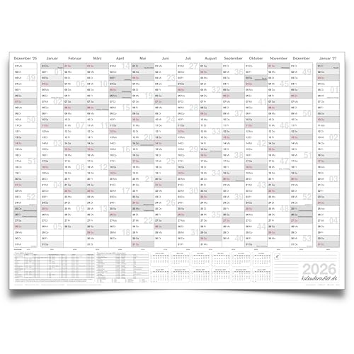 Kalenderoutlet Din B1 Jahresplaner Kalender 2026 mit 14 Monaten Übersicht Jahresplaner grau Format: 100,0x70,0cm Wandplaner, Jahreskalender, Kalender 2026 - deutsche Sprache