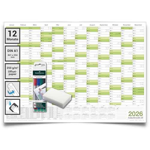 Abwischbarer Wandkalender 2026 Jahresplaner grün Format: 84,0x59,0cm DIN A1 - GEROLLT – Wandplaner, Jahreskalender, Poster Plakat - deutsch mit 4 Markern und Schwamm