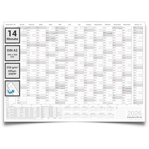 Wandkalender 2026 mit 14 Monaten Übersicht Jahresplaner grau Format: 59,4x42,0cm – DIN A2 – Wandplaner, Jahreskalender, Poster Plakat - deutsch