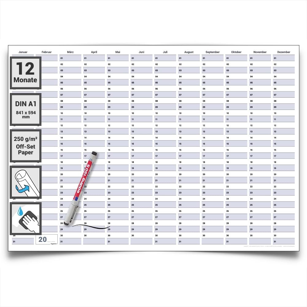 Dauerkalender DIN A1 XXL 84,1 × 59,4 cm – großer abwischbarer Jahresplaner, Projektplaner & Geburtstagskalender oder Urlaubsplaner – wiederverwendbar, Deutsch, inkl. Marker – Gigatime®