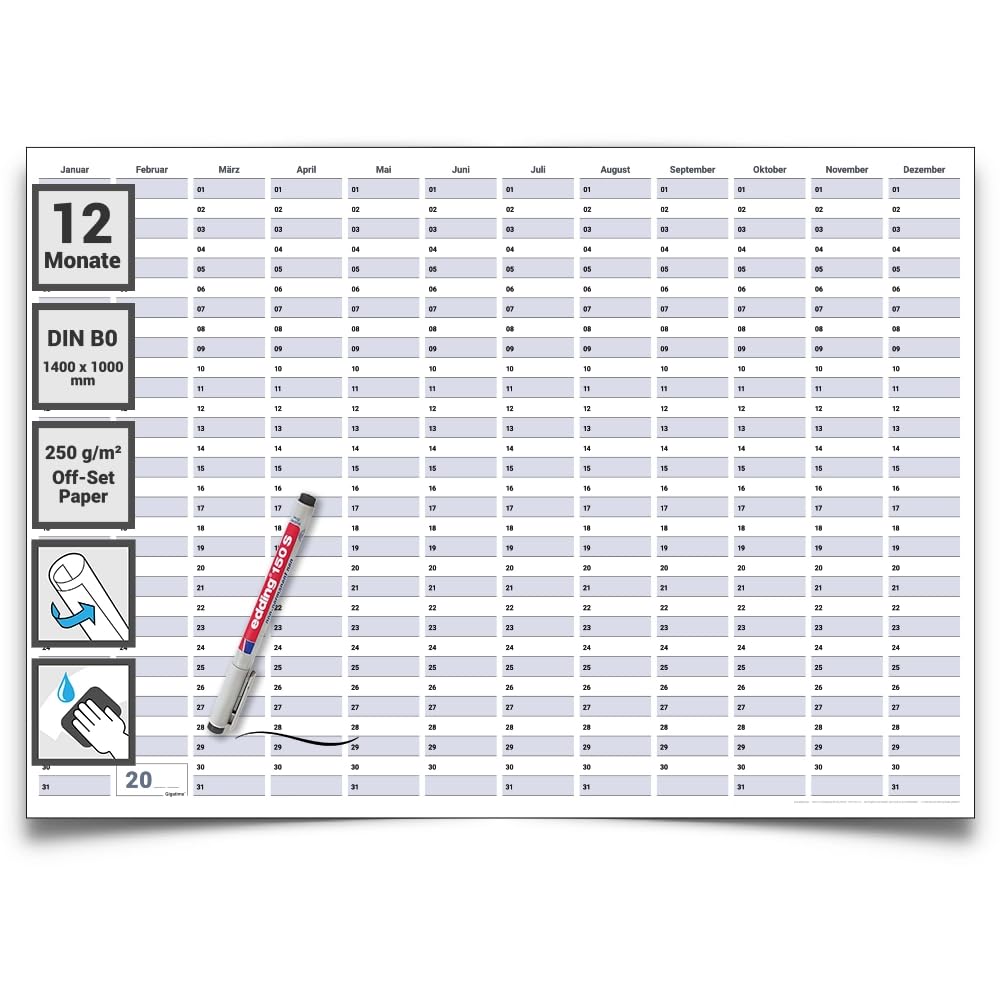 Dauerkalender DIN B0 XXL 140×100 cm – großer abwischbarer Jahresplaner, Projektplaner & Geburtstagskalender – wiederverwendbar, Deutsch, inklusive Marker – Gigatime®