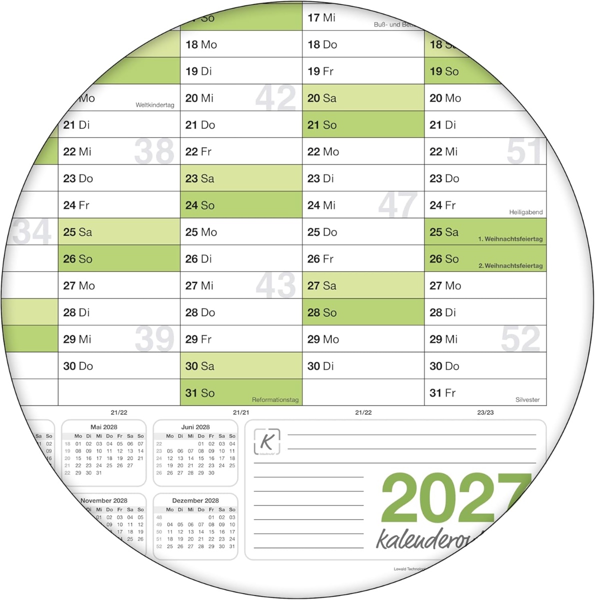 Kalenderoutlet Din B1 Wandkalender 2027 abwischbar XXL Jahresplaner 100x70 cm groß inklusive 4 Marker und Schwamm, feucht korrigierbar. Jahreskalender, Kalender 2027 in deutscher Sprache