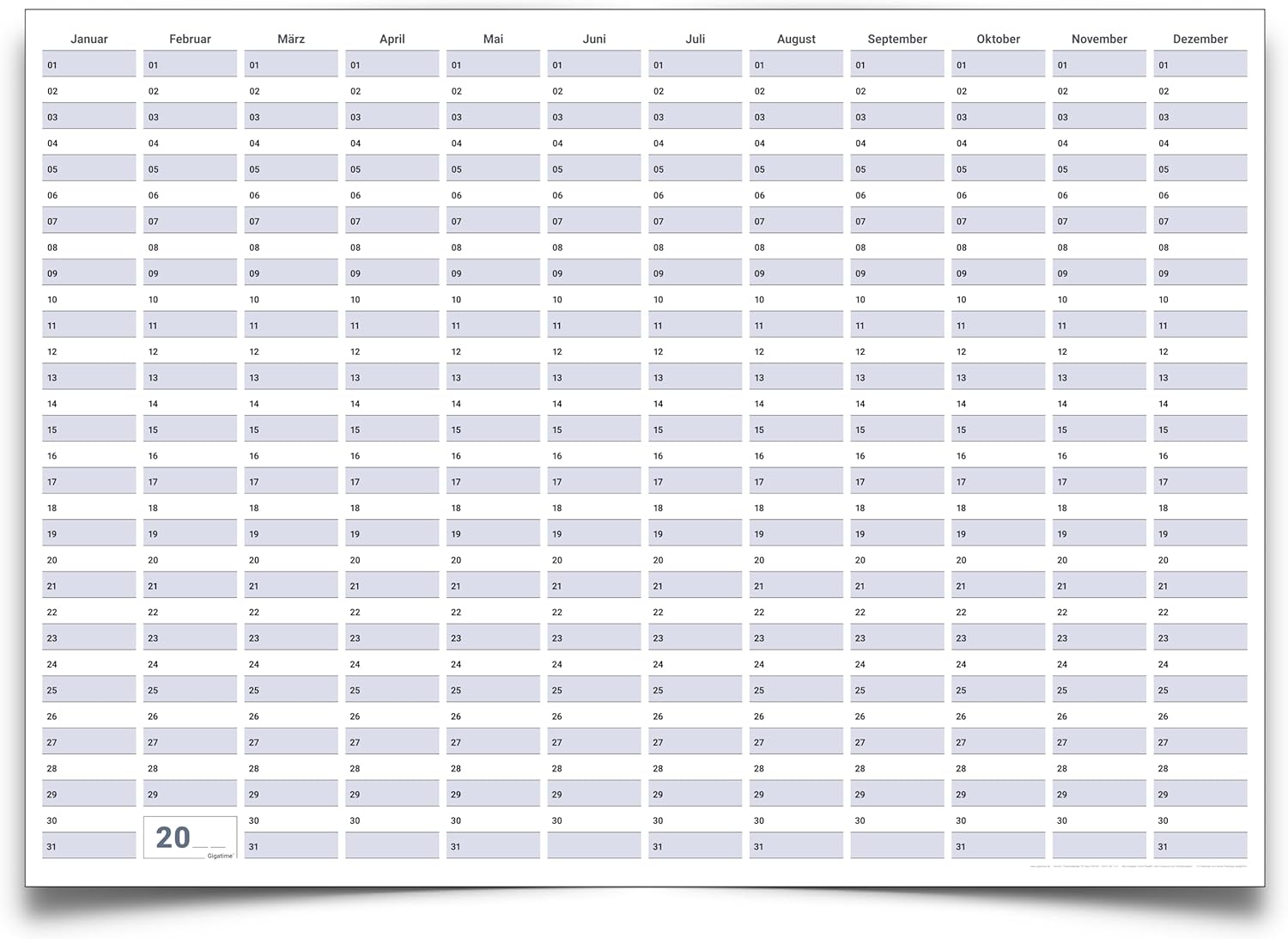 DIN A1 XXL Dauerkalender Projektplaner Geburtstagskalender 84,1 x 59,4 cm mit Marker – dauerhafter, wiederverwendbarer Jahresplaner groß &amp; abwischbar – in deutscher Sprache – von Gigatime