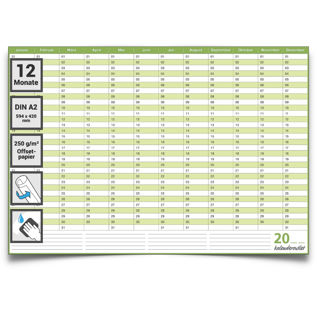Dauerkalender, Geburtstagskalender, immerwährender Kalender, DIN A2 , 250 gr. Premium Qualitätspapier, feucht abwischbar, praktisch und schön