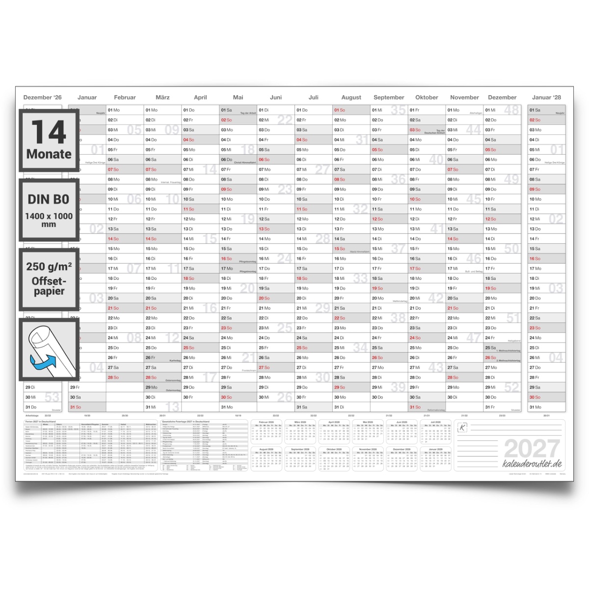 Kalenderoutlet XXXL DIN B0 Jahresplaner 2027, Kalender, Wandkalender 14 Monate grau 140x100cm grosser Wandplaner 2027, Jahreskalender 250g Papier gerollt in deutscher Sprache