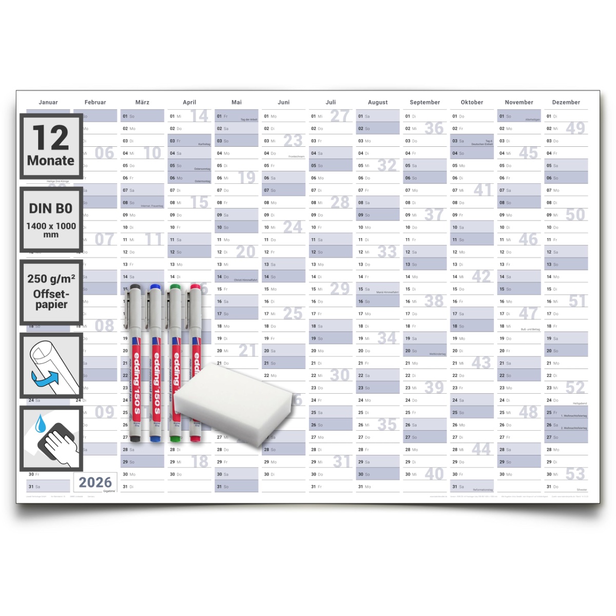 Gigatime Abwischbarer XXL Jahresplaner Wandkalender 2026. Wandplaner gerollt 140x100cm gross DIN B0 inklusive 4er Stifte-Set, Schwamm. Jahreskalender 2026, Kalender - deutsche Sprache - von Gigatime