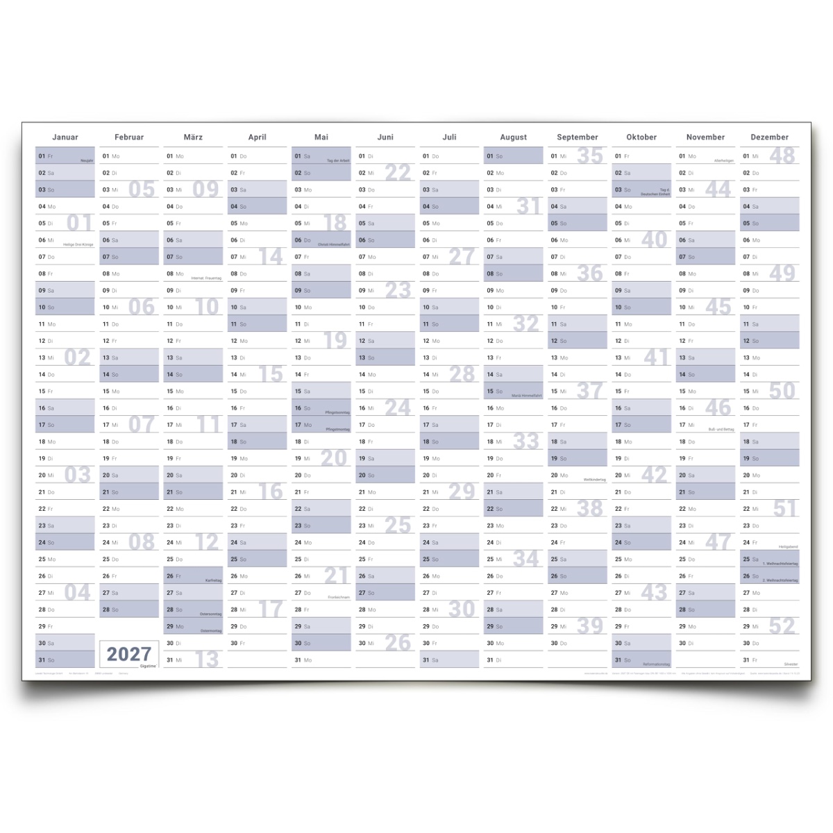 Gigatime Abwischbarer XXL Jahresplaner Wandkalender 2027. Wandplaner gerollt 140x100cm gross DIN B0 inklusive 4er Stifte-Set, Schwamm. Jahreskalender 2027, Kalender - deutsche Sprache - von Gigatime
