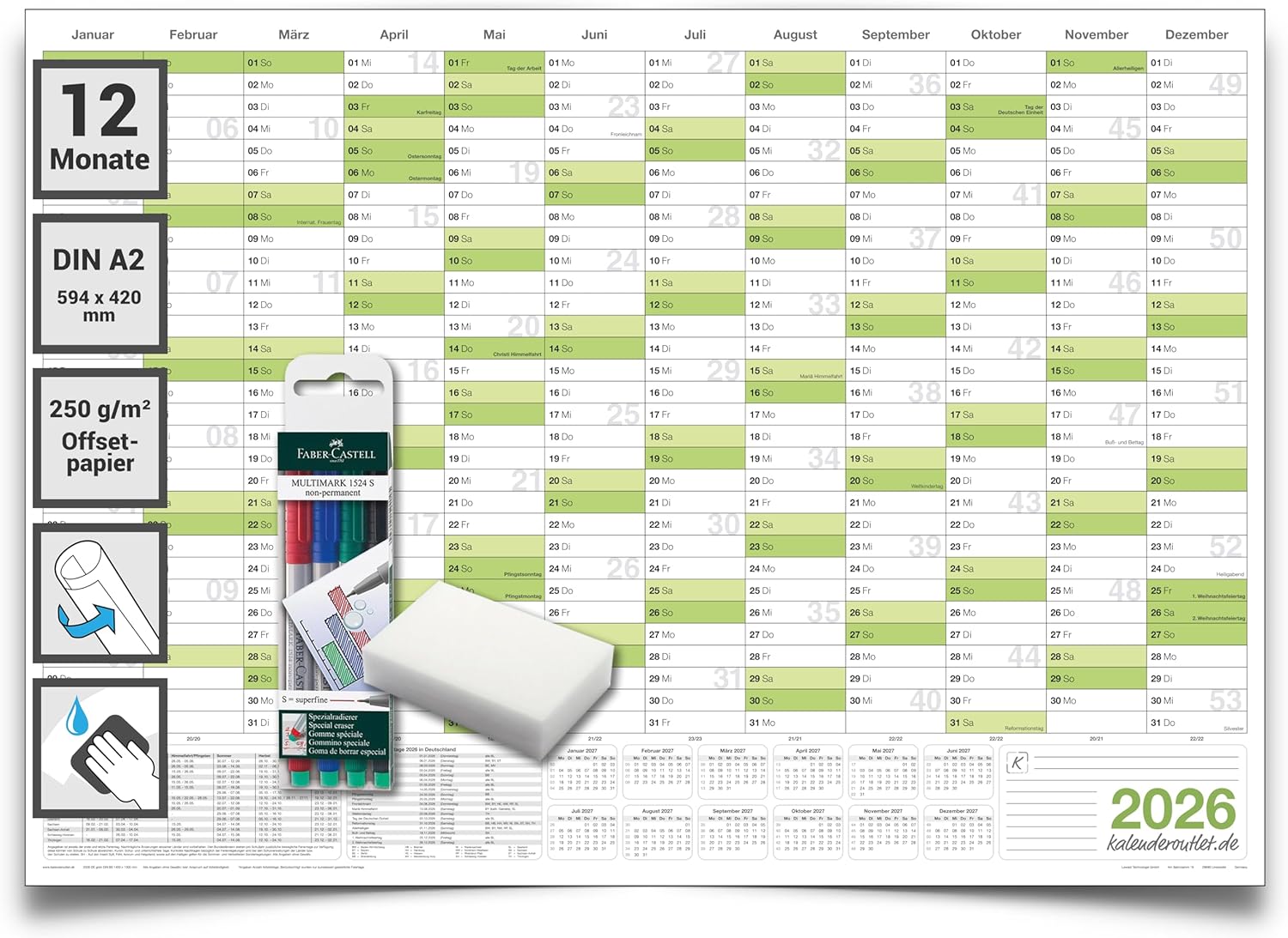 Wandkalender feucht abwaschbar 2026 Jahresplaner grün Format: 59,4x42,0cm DIN A2 inkl. 4 Markern - GEROLLT – Wandplaner, Jahreskalender, Kalender, Poster Plakat - deutsch