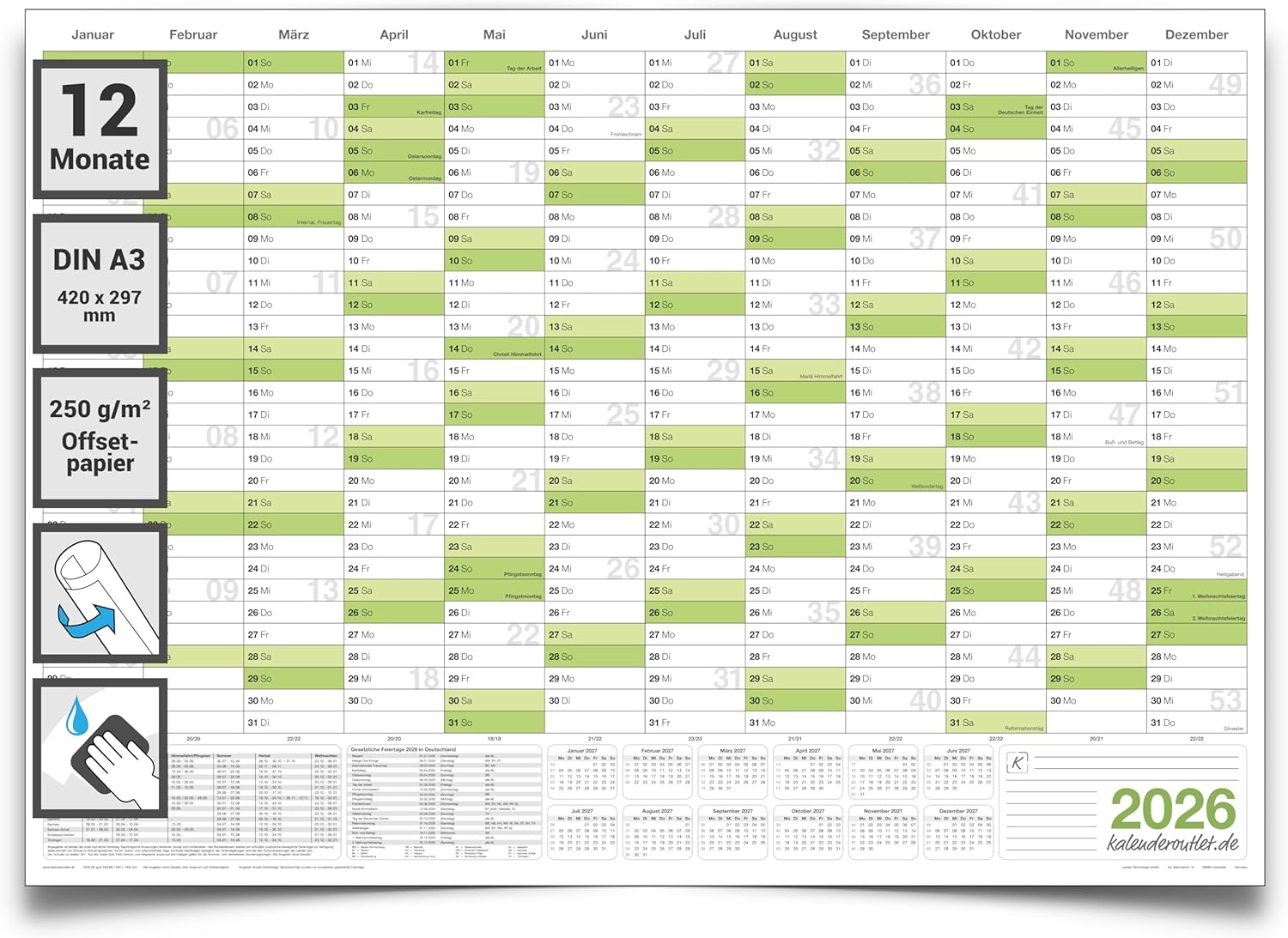 Abwischbarer Wandkalender 2026 Jahresplaner grün Format: 42,0x29,7cm – DIN A3 - GEROLLT – Wandplaner, Jahreskalender, Poster Plakat - deutsch