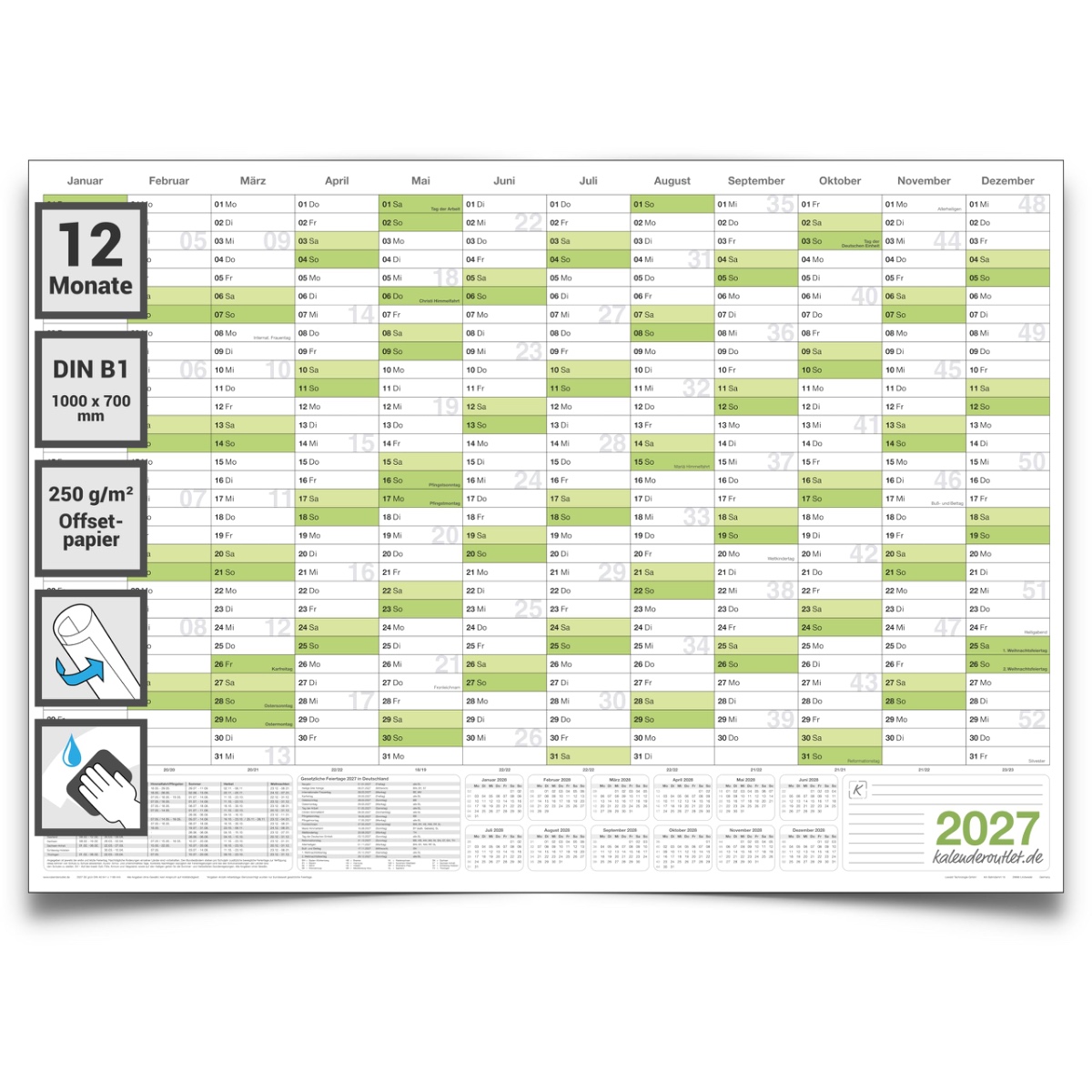 Kalenderoutlet Din B1 Wandkalender 2027 abwischbar XXL Jahresplaner 100x70 cm groß feucht korrigierbar. Jahreskalender, Kalender 2027 in deutscher Sprache