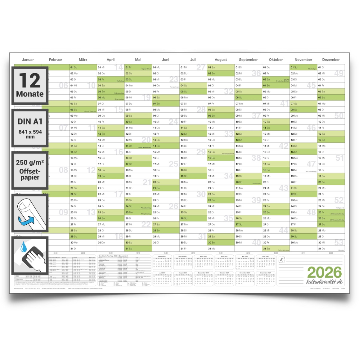 Abwischbarer Wandkalender 2026 Jahresplaner grün Format: 84,0x59,0cm DIN A1 - GEROLLT – Wandplaner, Jahreskalender, Poster Plakat - deutsch