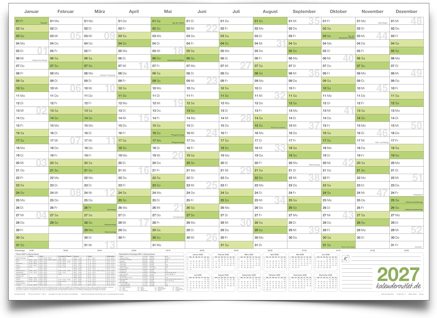 Kalenderoutlet Din B0 abwischbarer Wandkalender 2027 gerollt 140,0x100,0 cm groß Wandplaner ist feucht korrigierbar, Jahresplaner in deutscher Sprache