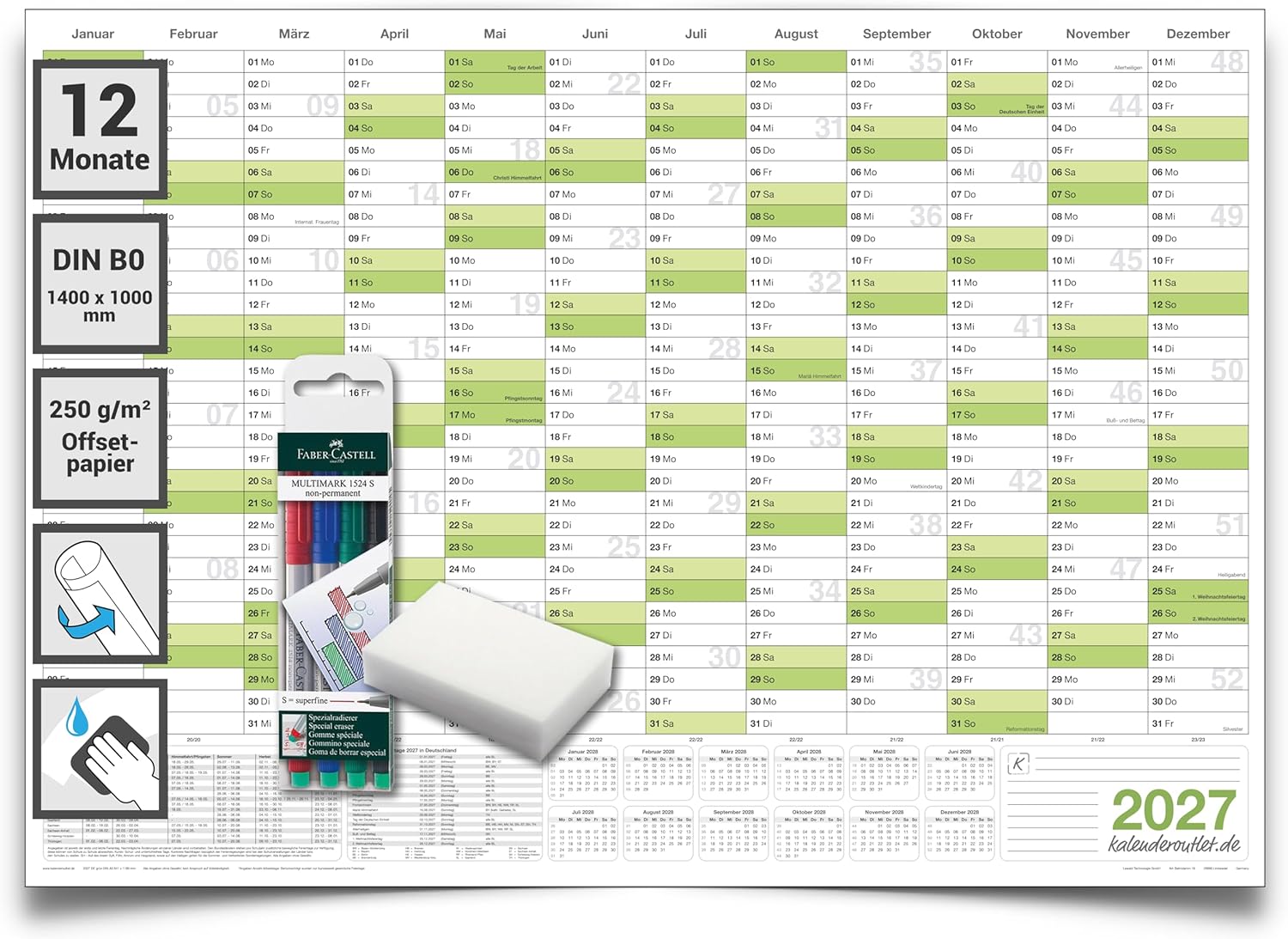 Kalenderoutlet DIN B0 Wandkalender 2027 abwischbar XXL Jahresplaner 140x100 cm groß inklusive 4 Marker und Schwamm, feucht korrigierbar. Jahreskalender, Kalender 2027 in deutsch