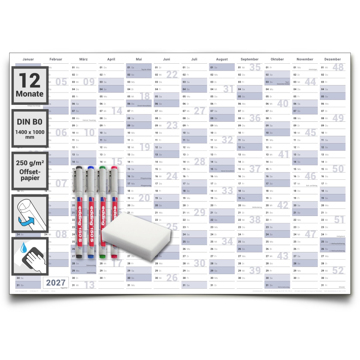 Gigatime Abwischbarer XXL Jahresplaner Wandkalender 2027. Wandplaner gerollt 140x100cm gross DIN B0 inklusive 4er Stifte-Set, Schwamm. Jahreskalender 2027, Kalender - deutsche Sprache - von Gigatime