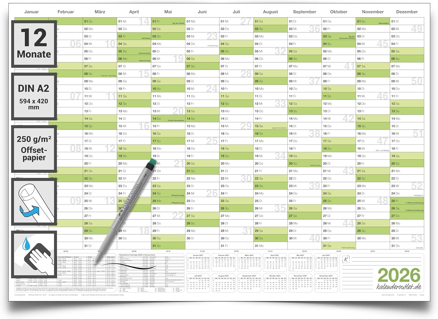 Wandkalender feucht abwaschbar 2026 Jahresplaner grün Format: 59,4x42,0cm DIN A2 inkl. 1 Marker - GEROLLT – Wandplaner, Jahreskalender, Kalender, Poster Plakat - deutsch