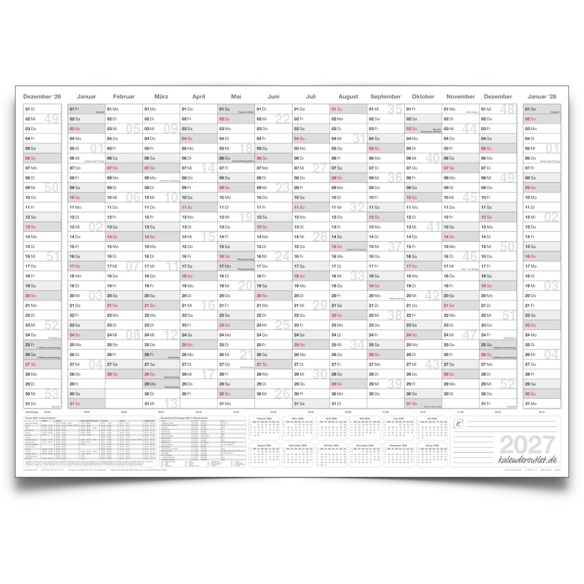 Kalenderoutlet XXXL DIN B0 Jahresplaner 2027, Kalender, Wandkalender 14 Monate grau 140x100cm grosser Wandplaner 2027, Jahreskalender 250g Papier gerollt in deutscher Sprache