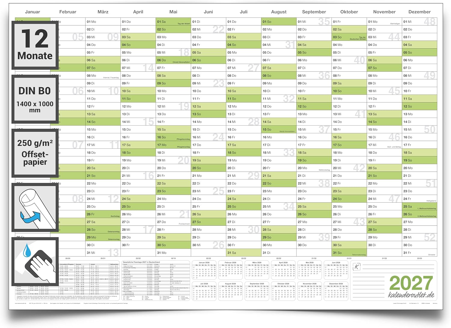 Kalenderoutlet Din B0 abwischbarer Wandkalender 2027 gerollt 140,0x100,0 cm groß Wandplaner ist feucht korrigierbar, Jahresplaner in deutscher Sprache