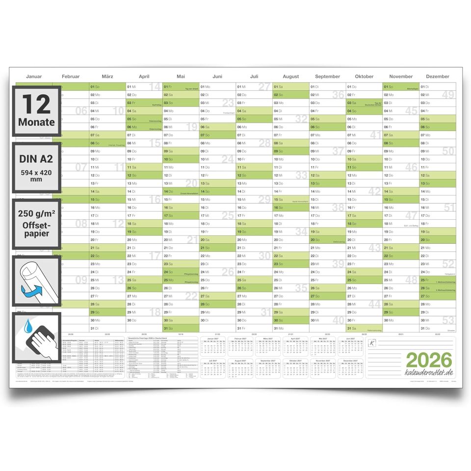 Abwischbarer Wandkalender 2026 Jahresplaner grün Format: 59,4x42,0cm – DIN A2 - GEROLLT – Wandplaner, Jahreskalender, Kalender, Poster Plakat - deutsch