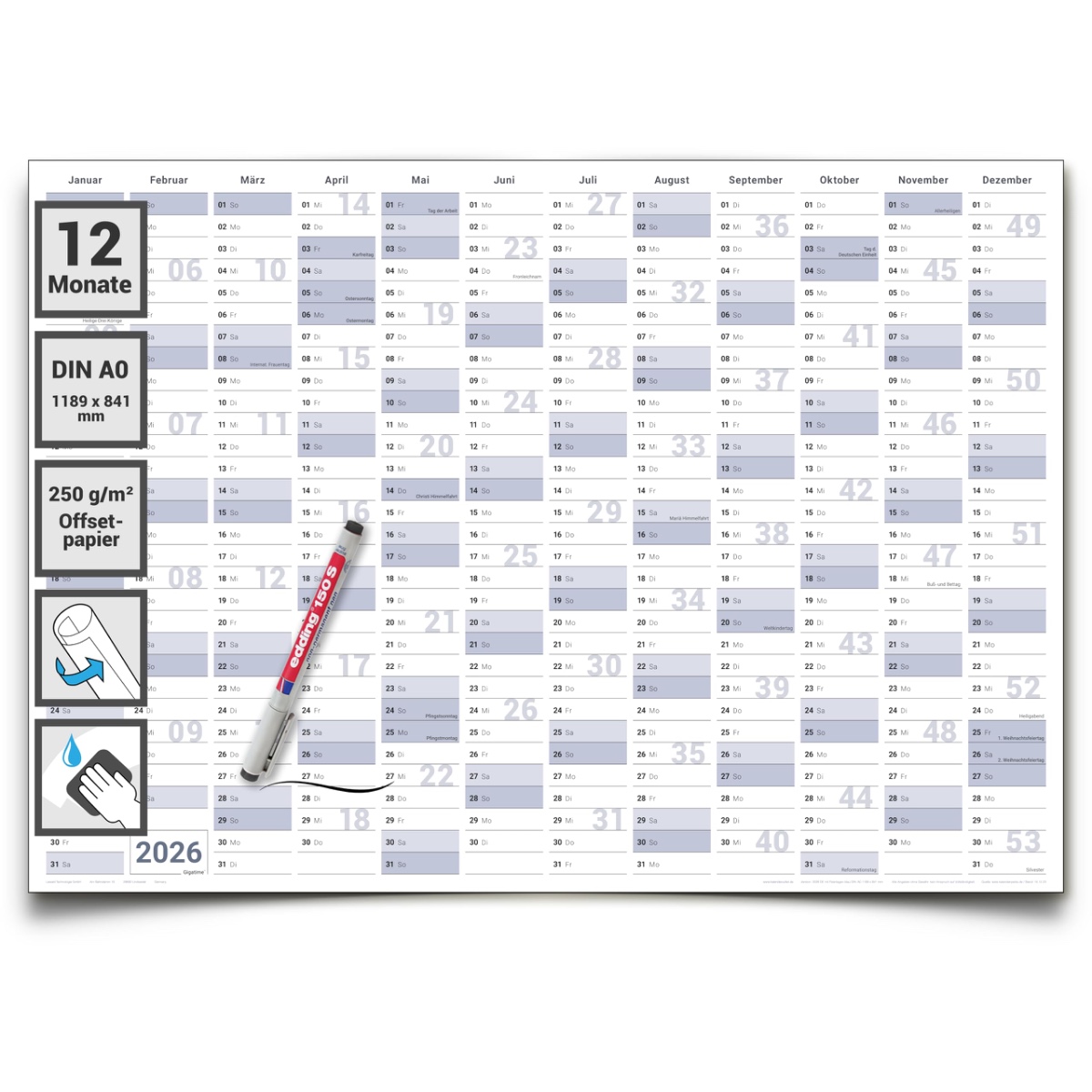 Gigatime XXL Jahresplaner 2026 abwischbar DIN A0 – gerollter Wandkalender Deutsch inkl. Marker